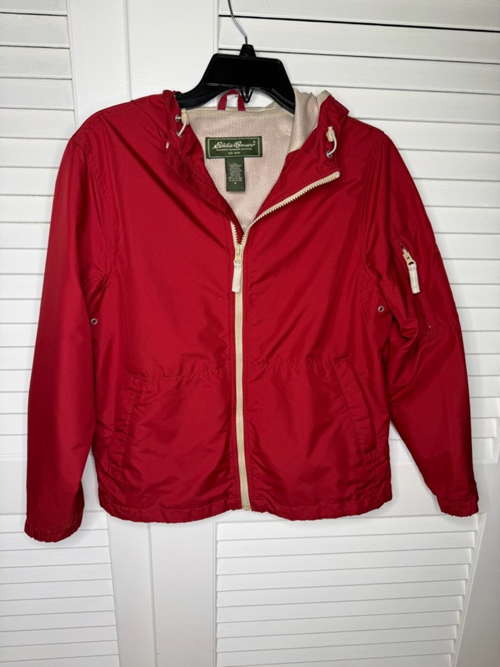 Eddie Bauer Red Hooded Windbreaker Jacket with Cream Trim